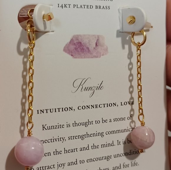 LUNA NORTE 14K GOLD PLATED BRASS KUNZITE GEMSTONE CHAIN EARRINGS - Picture 4 of 9